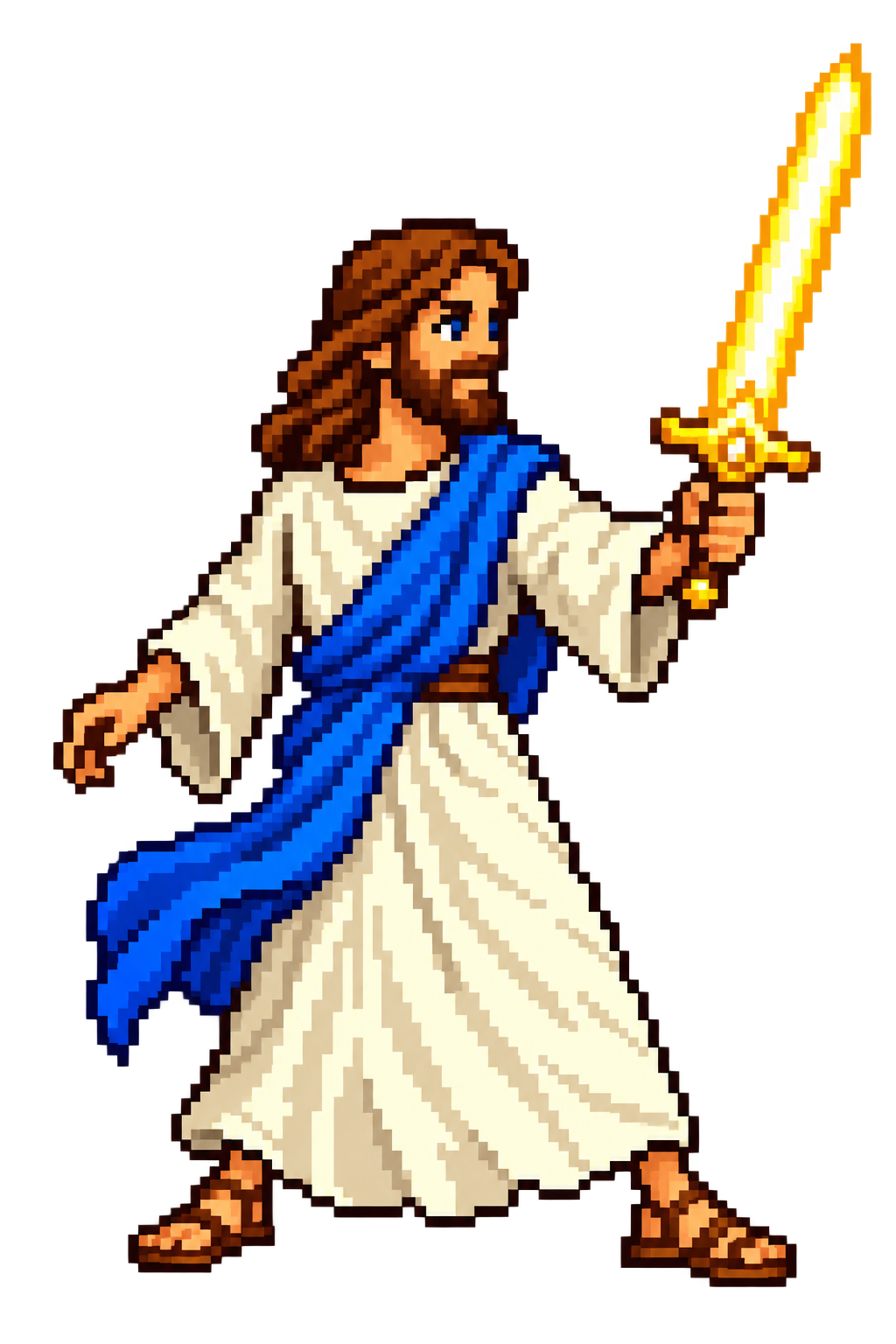 Jesus em pixel art com uma espada de luz