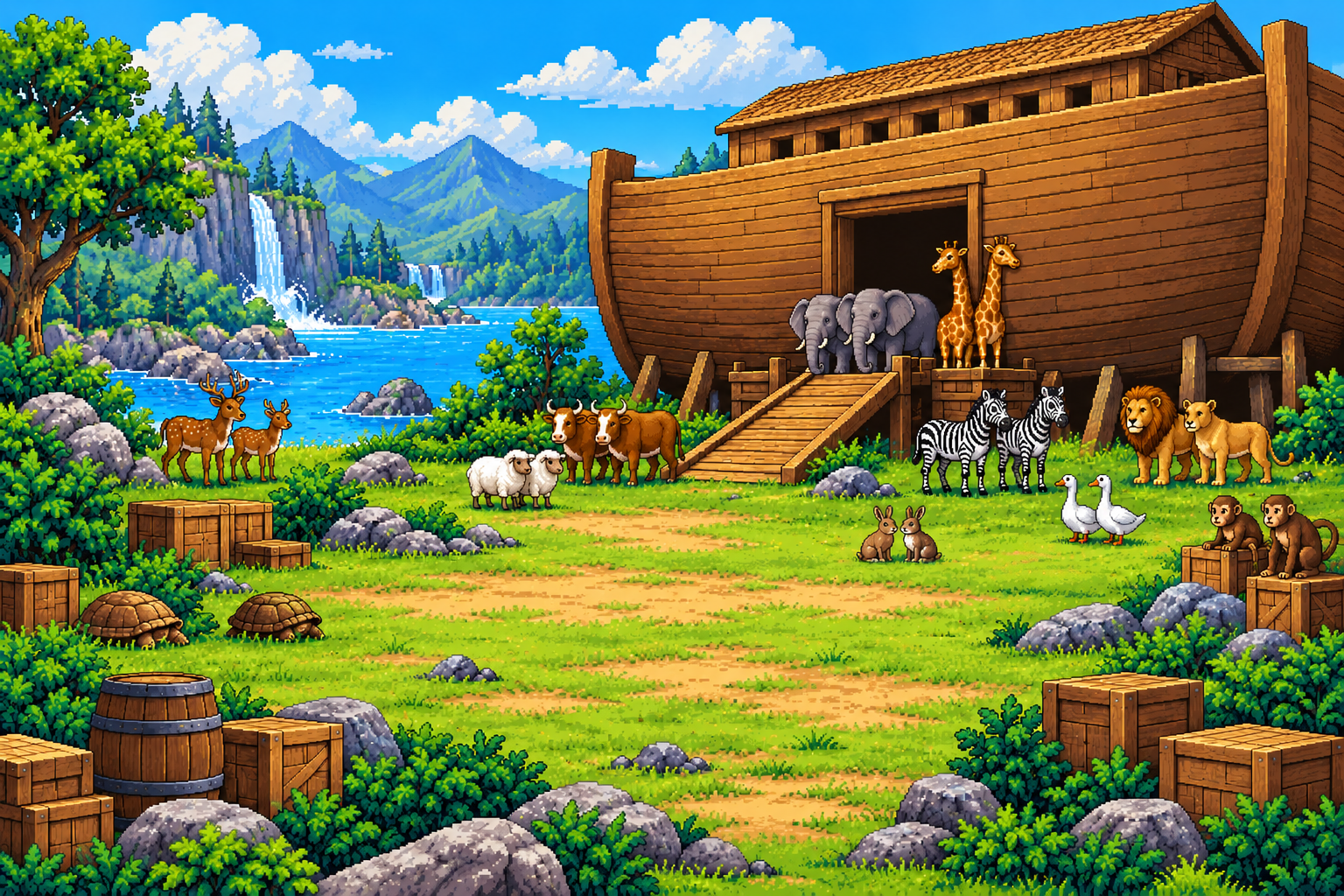 Cenário em pixel art de Descobertas na Arca
